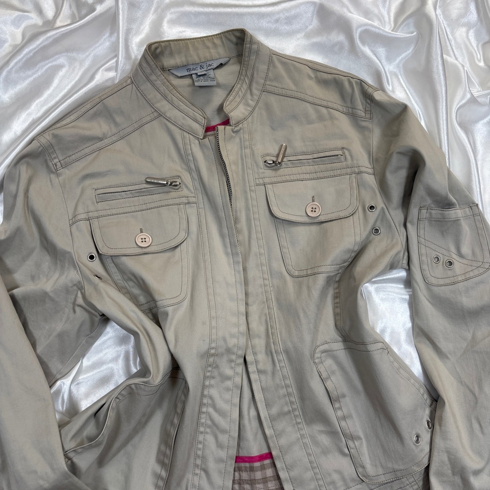 y2k Mac & Jac Utility Jacket Tan Good Grommet Multi Pocket Zip Up Cotton Size 8 - Picture 3 of 6